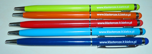 Cienki, metalowy długopis z kolorową końcówką do ekranów dotykowych (touch)